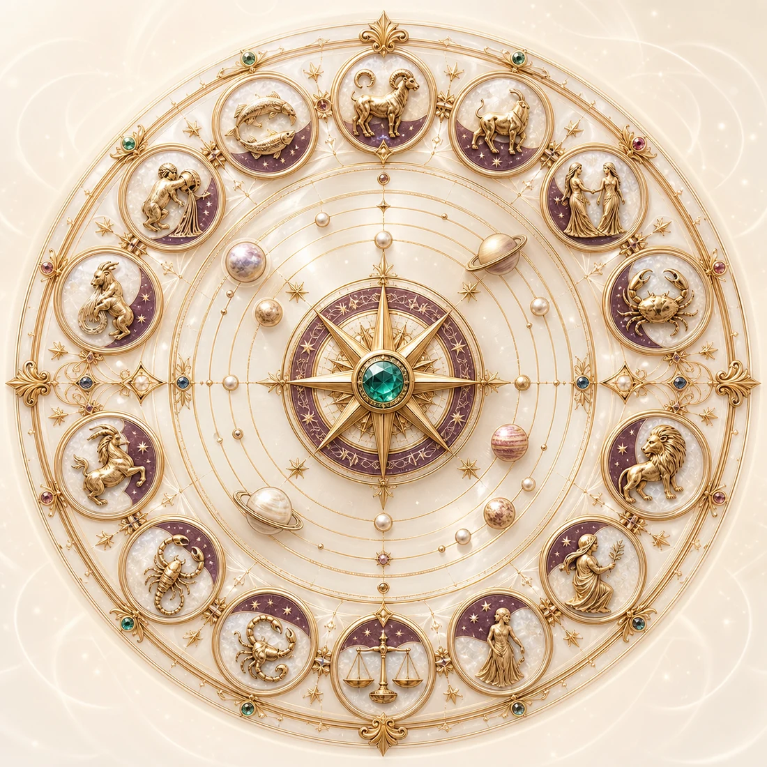 Pearl, antique-gold and peacock-green celestial zodiac wheel